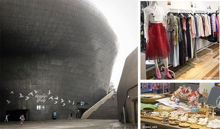 Traditional hanbok dress mixed with modern fashion elements inside a boutique