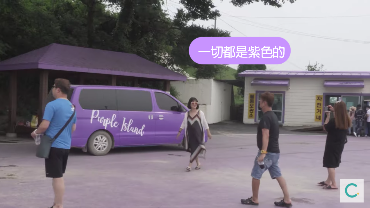 紫色之島的入口，看到紫色的巴士和售票亭，地面也覆蓋着淡紫色的塗層，給人一種全景的紫色體驗。