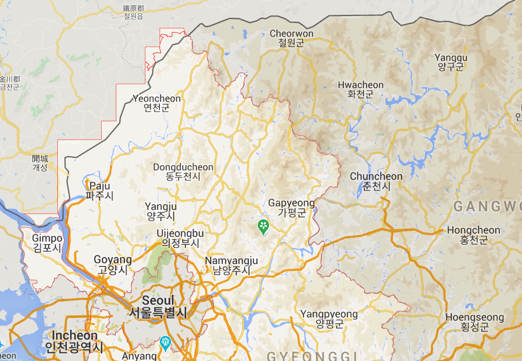 韓國地圖，展示一些南韓的土地被北韓管轄的情況。