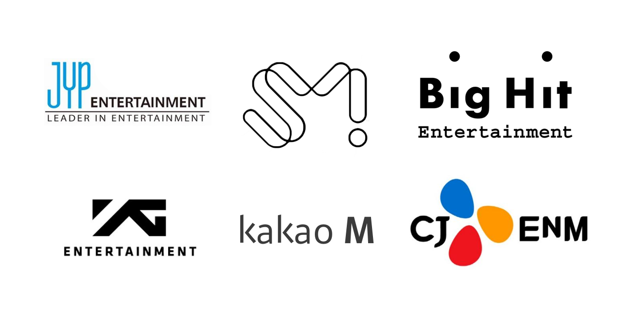 โลโก้ของบริษัทบันเทิงชั้นนำในเกาหลี รวมถึง JYP Entertainment, SM Entertainment, Big Hit Entertainment, YG Entertainment, Kakao M และ CJ ENM