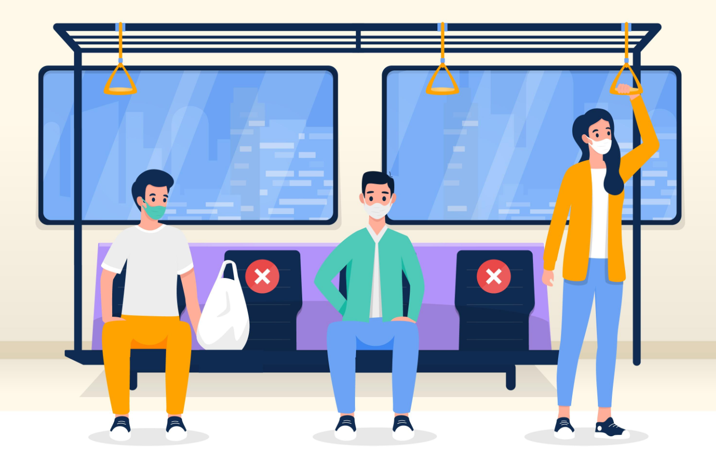 公共交通機関内で社会的距離を保ちながらマスクを着用している人々のイラスト