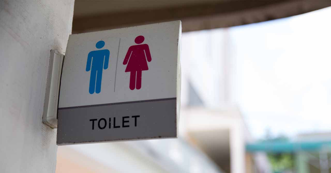 ป้ายห้องน้ำในเกาหลี: ป้ายสีขาวที่มีไอคอนรูปผู้ชายและผู้หญิงในชุดสีฟ้าและสีชมพูพร้อมคำว่า 'TOILET' เป็นภาษาอังกฤษ ตั้งอยู่ที่ทางเข้าห้องน้ำในเกาหลี.