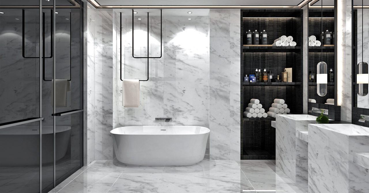 การออกแบบห้องน้ำสไตล์โมเดิร์นในเกาหลี: ห้องน้ำที่ตกแต่งด้วยหินอ่อนสีขาวพร้อมอ่างอาบน้ำและกระจกขนาดใหญ่ ผ้าเช็ดตัวถูกแขวนบนราวแขวนที่ทันสมัยและมีการจัดวางผลิตภัณฑ์ดูแลตนเองในชั้นที่ผนัง.