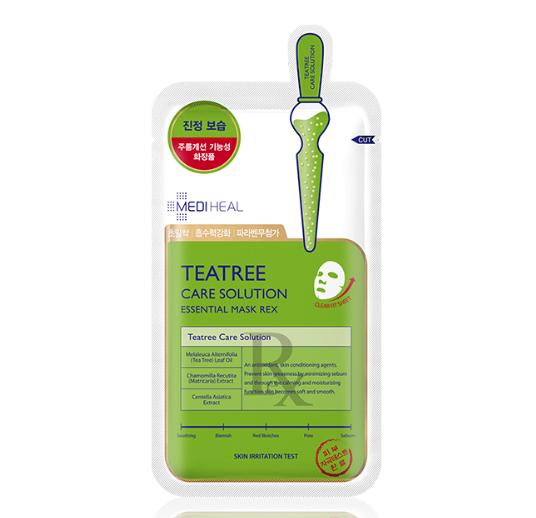 メディヒール ティーツリーケア ソリューションエッセンシャル マスク。敏感肌にも安心して使える、肌荒れをケアする効果があるシートマスク。