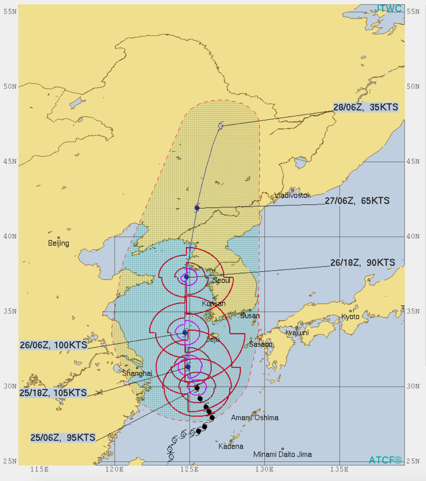 巴威颱風路徑預測圖，顯示颱風將如何影響韓國及鄰近地區，紅色圈標示範圍和時間點。