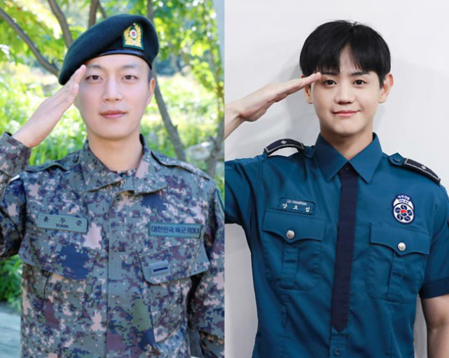 兩位韓國軍人舉手敬禮，穿著不同的軍服與警服。