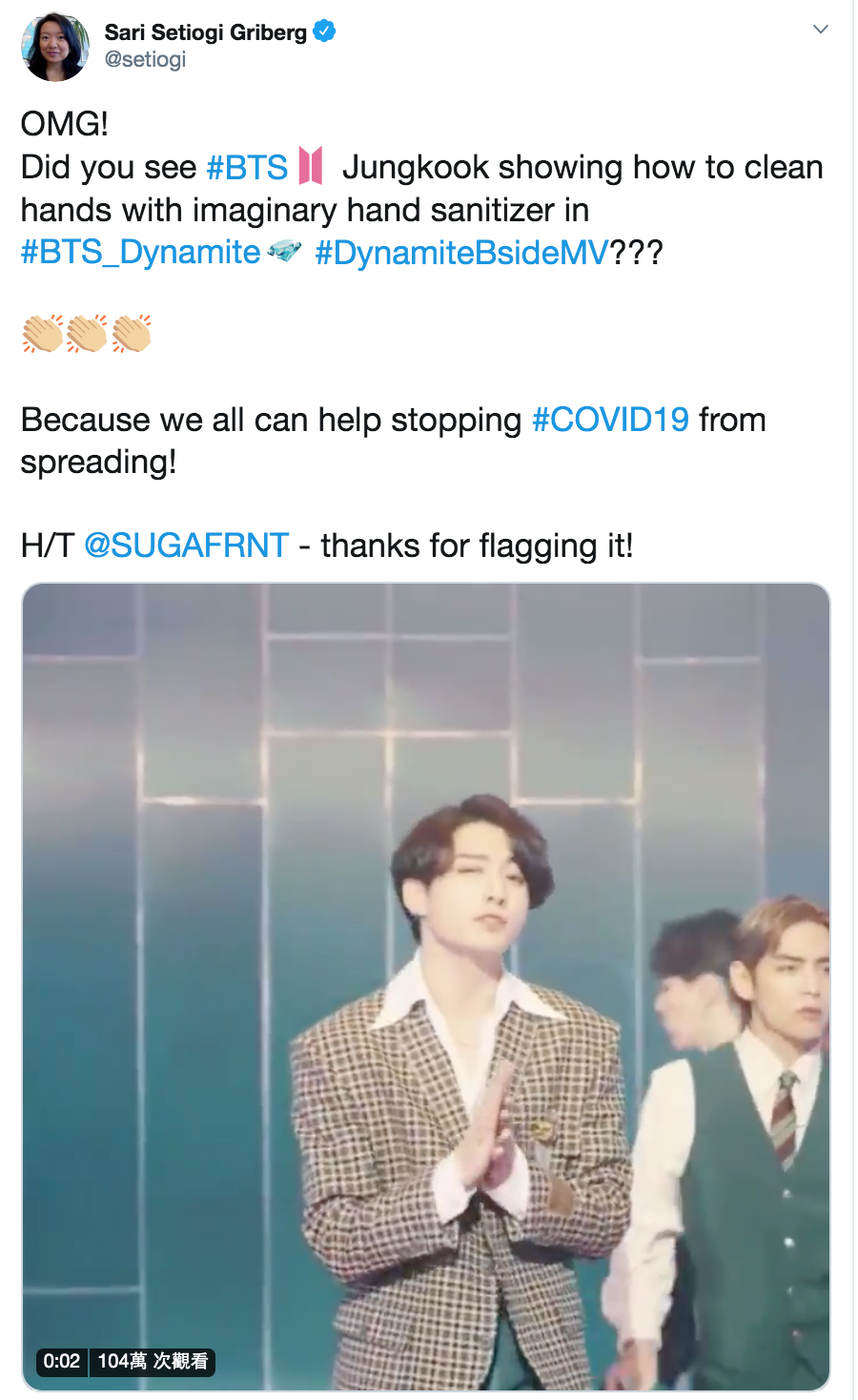 世衛官員Sari Setiogi Griberg推文，提到BTS成員示範洗手，配有《Dynamite》MV中的視頻截圖。