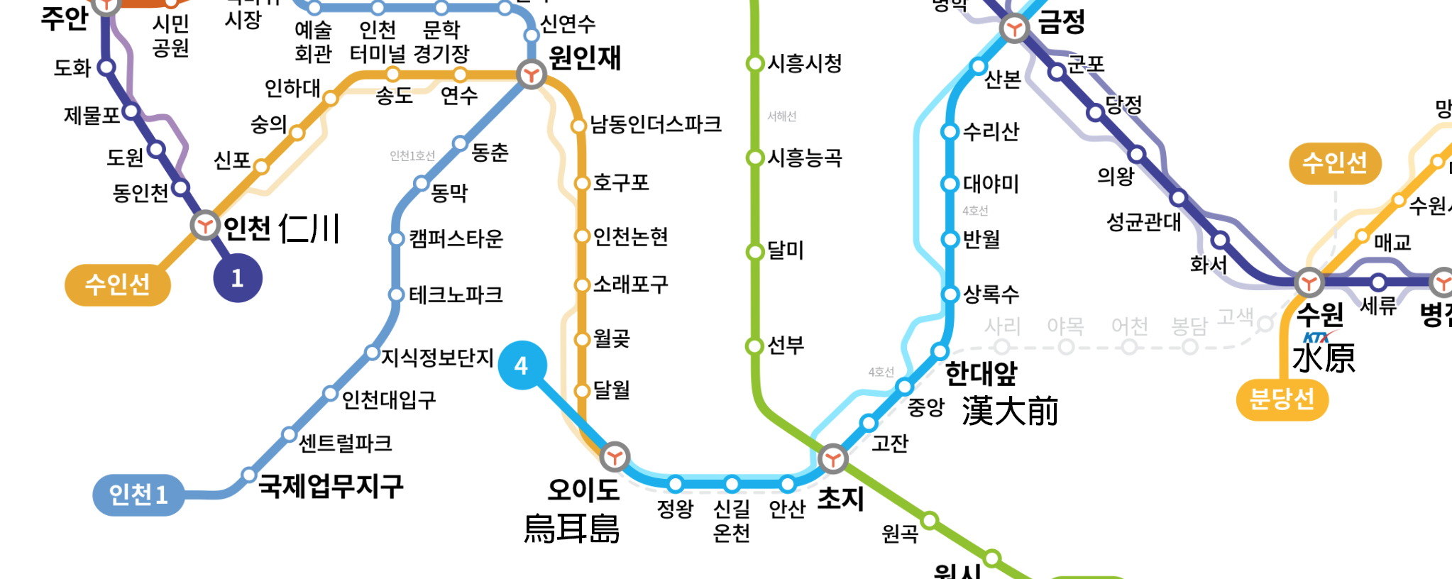 詳細描繪的韓國地鐵地圖，展示수인선和其他路線的詳細路徑。