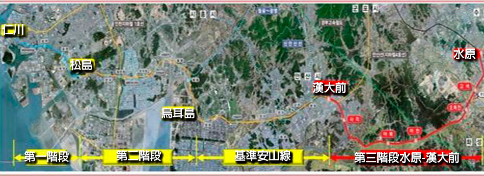 기준안산선의航空地圖視圖，表示ขั้น的建設階段和水原到Uijeongbu的路徑。