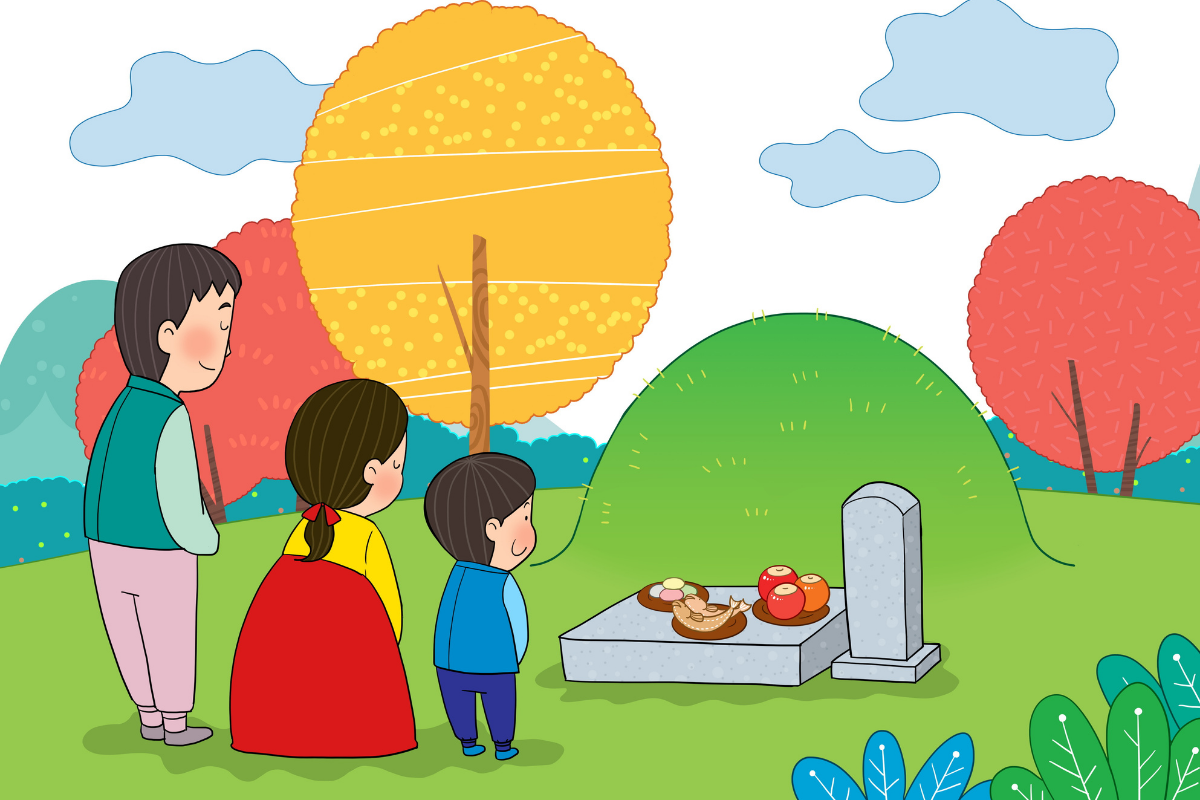 Gia đình đang thực hiện nghi lễ Beolcho và Seongmyo tại mộ tổ tiên trong dịp Chuseok của Hàn Quốc, thể hiện lòng kính trọng và tôn nghiêm đối với tổ tiên.