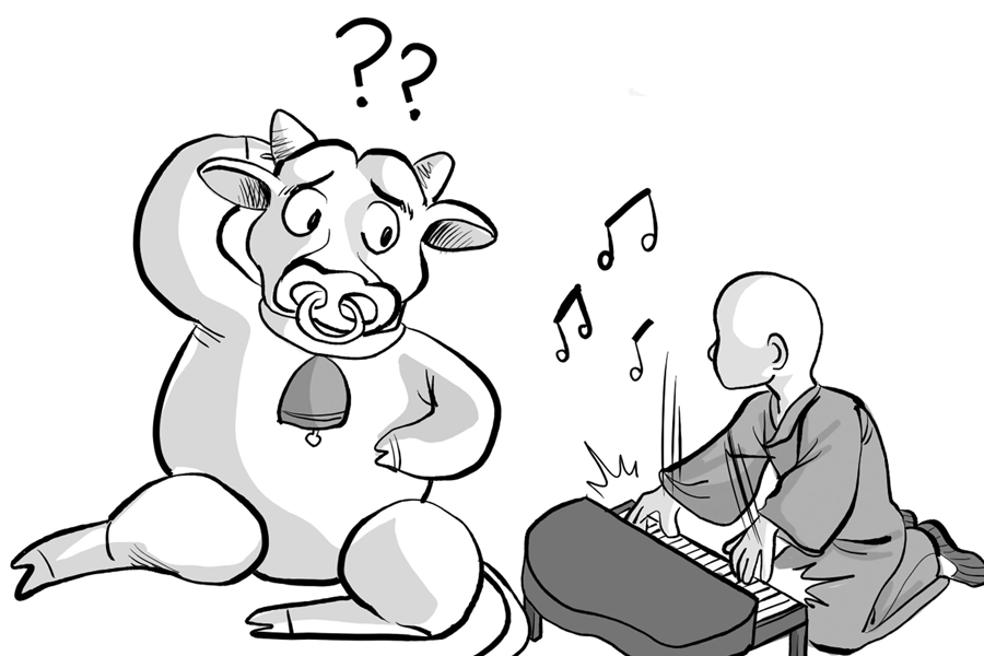 牛坐在地上，聽僧侶彈奏的畫面，代表大眾牙含育沒效果。