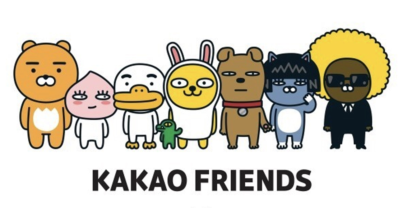Kakao Friends角色設定，展示一系列受歡迎的卡通人物，包括Ryan和Apeach。