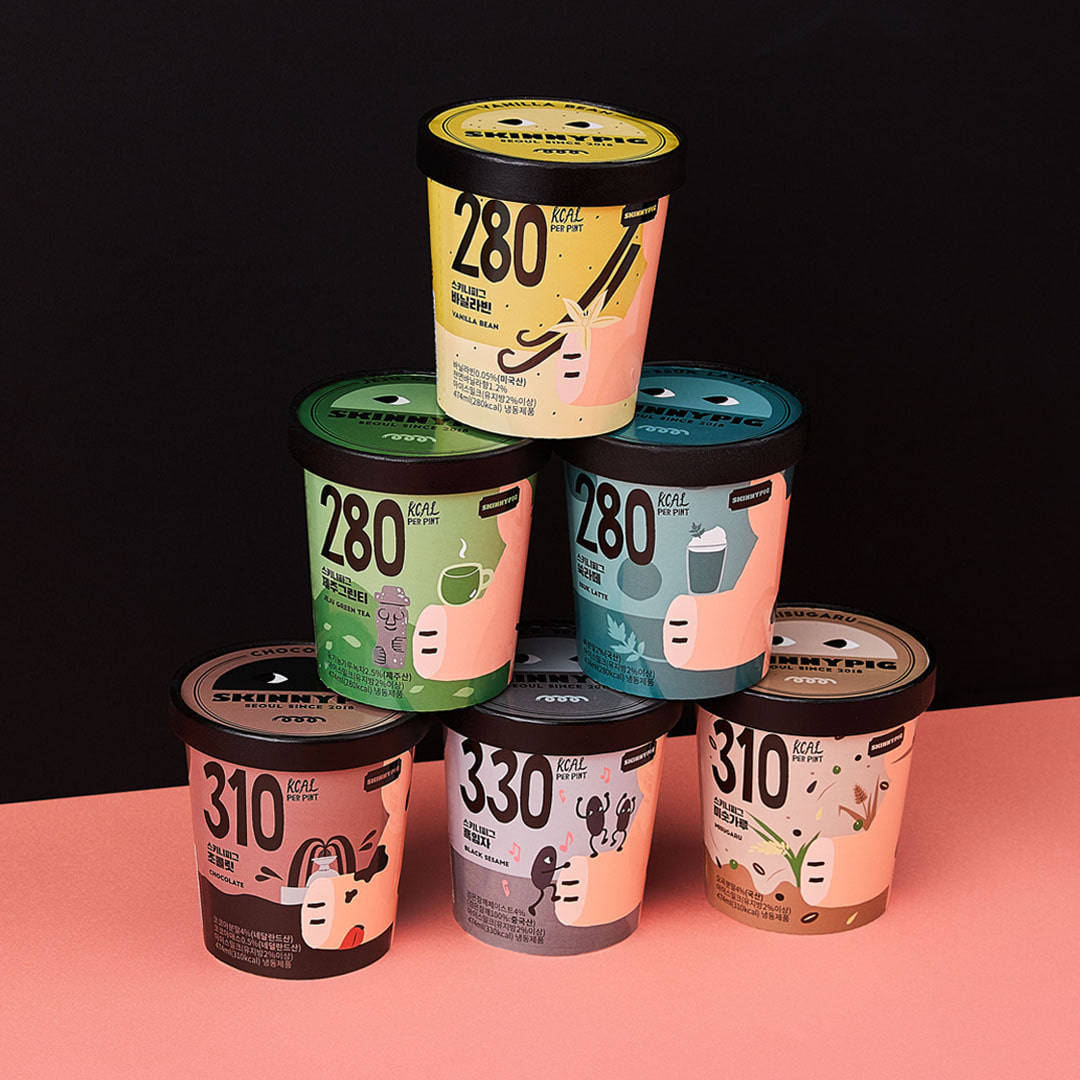 Skinnypig低卡雪糕，包裝上有可愛的卡通豬，多種口味如黑芝麻和咖啡，深受韓國民眾喜愛。