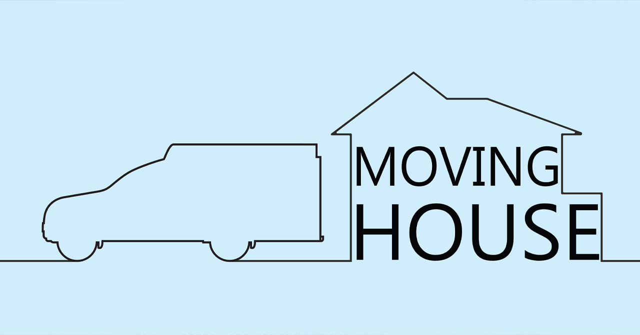 Moving House，代表韓國搬屋文化的插圖，展示貨車與房屋輪廓，搬家時使用的創意設計。