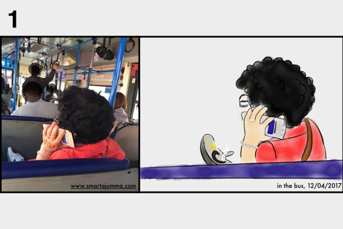 韓國阿珠媽在公交車上講電話，展現她們自信的行為特徵。