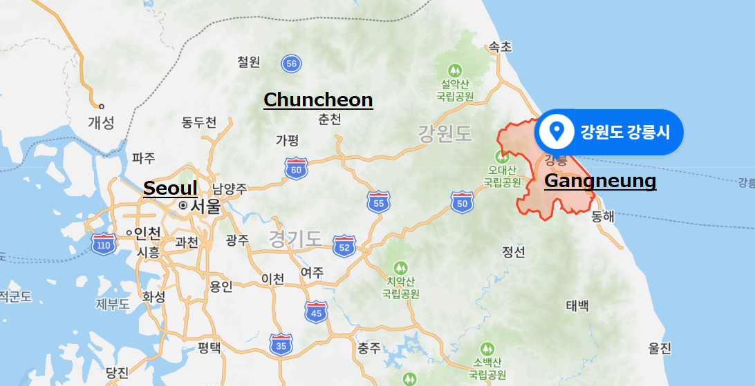 Gangneung Karte, illustriert die Lage von Gangneung in Gangwon, Korea, nahe der Ostküste