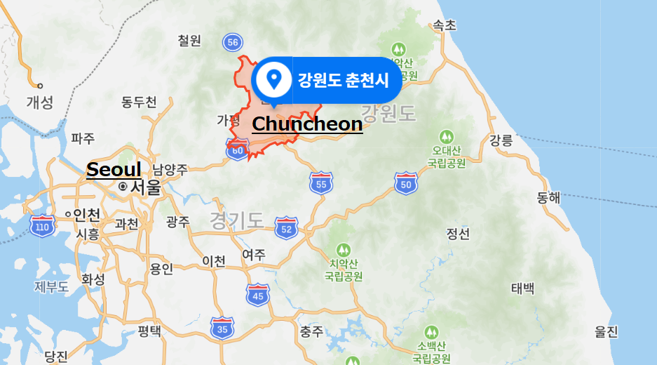 Chuncheon City Karte, zeigt Chuncheon in der Gangwon Province, Korea, mit seiner Lage in der Nähe von Seoul
