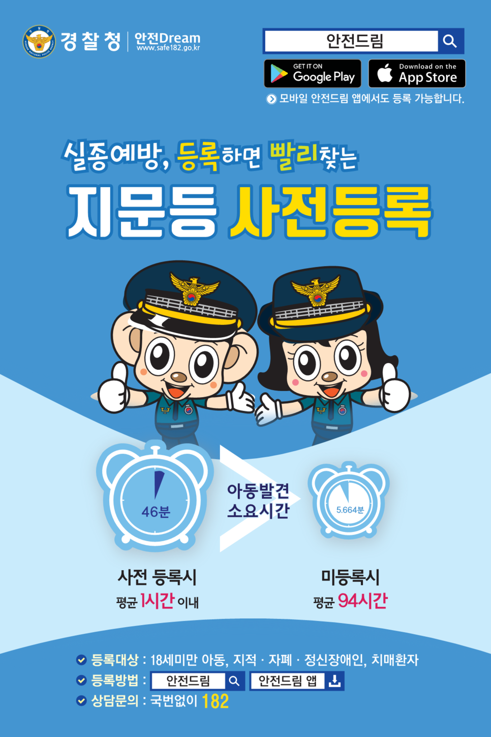 韓国警察庁の指紋事前登録キャンペーンのポスターで、アプリの説明と2人のキャラクター警察官が登場しています。