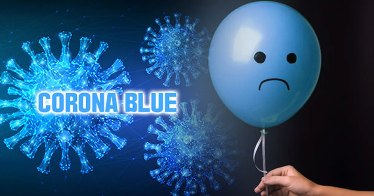 註明疫情下的“Corona Blue”新詞，背景顯示病毒圖案與憂傷藍色氣球。