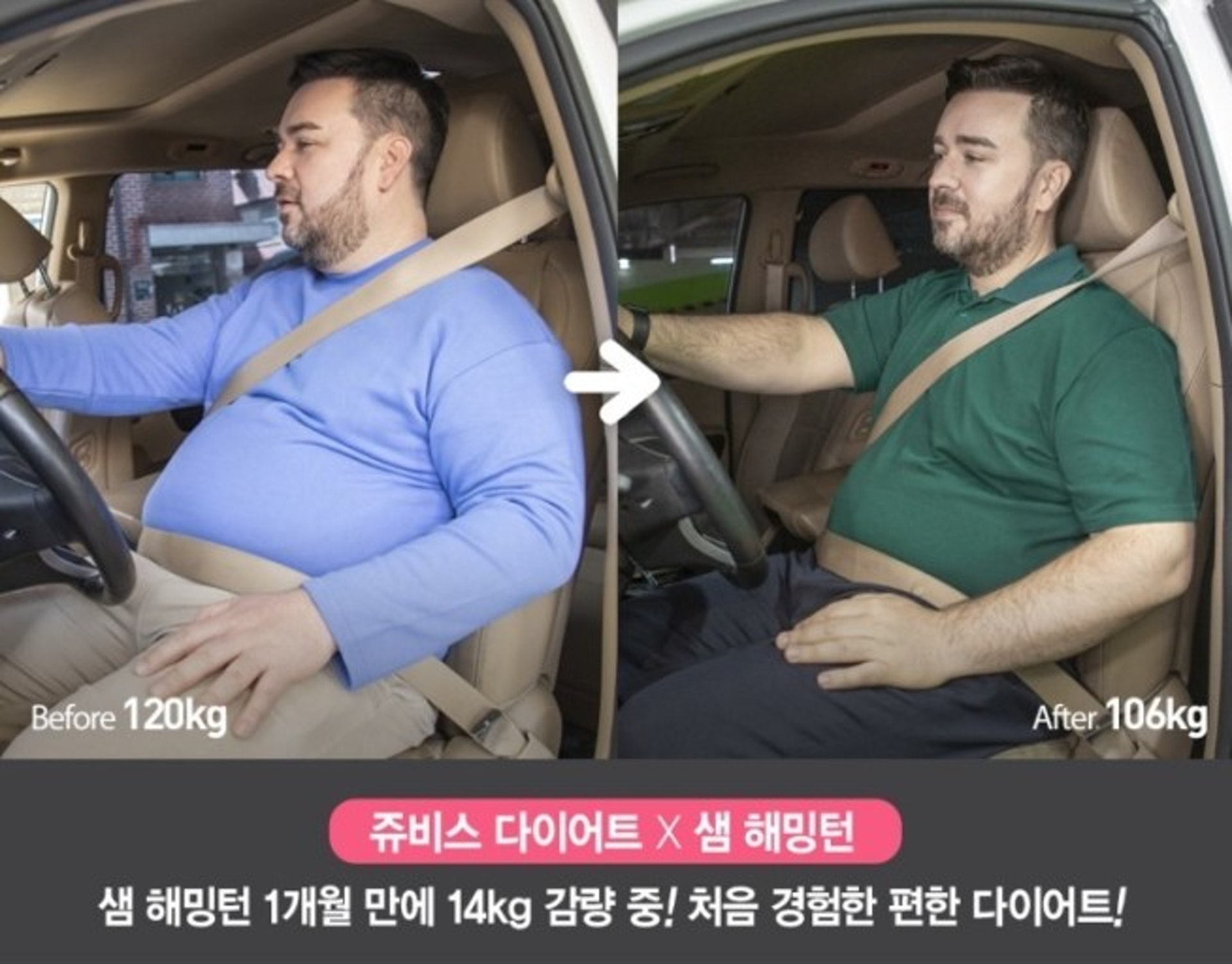 Sam Hammington在車中顯示減肥的前後對比，通過減少14公斤展現驚人的瘦身轉變。