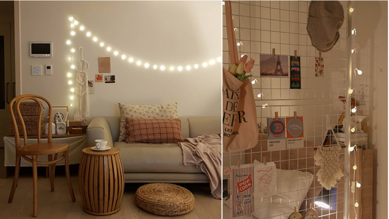 Căn phòng với ánh đèn nhẹ nhàng và đồ nội thất mộc mạc, phù hợp với phong cách Hàn Quốc nhẹ nhàng.