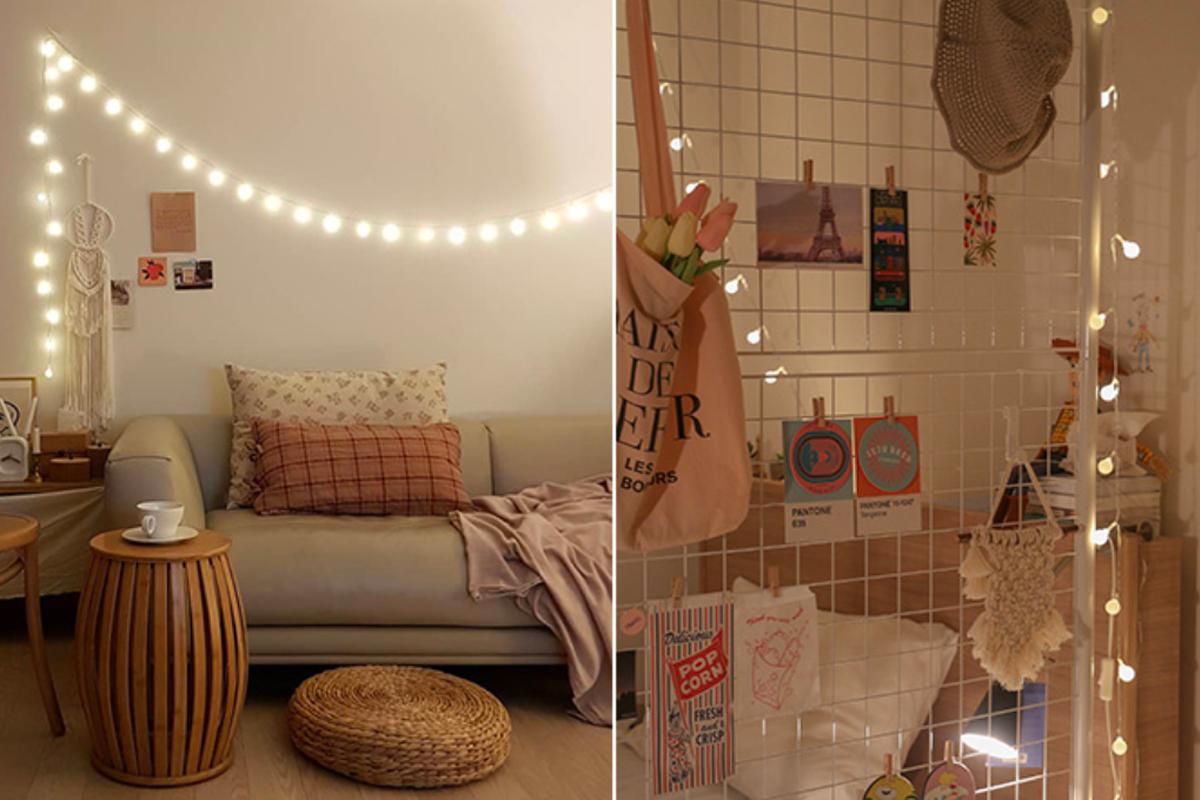 房間內的小燈串燈光，營造出温馨浪漫氛圍，讓整體空間充滿韓國居家風格的柔和感。