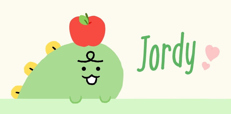 Jordy角色插畫，綠色恐龍形象，頭上有一個紅蘋果和可愛的笑臉，下方寫著Jordy的名字和粉色愛心。