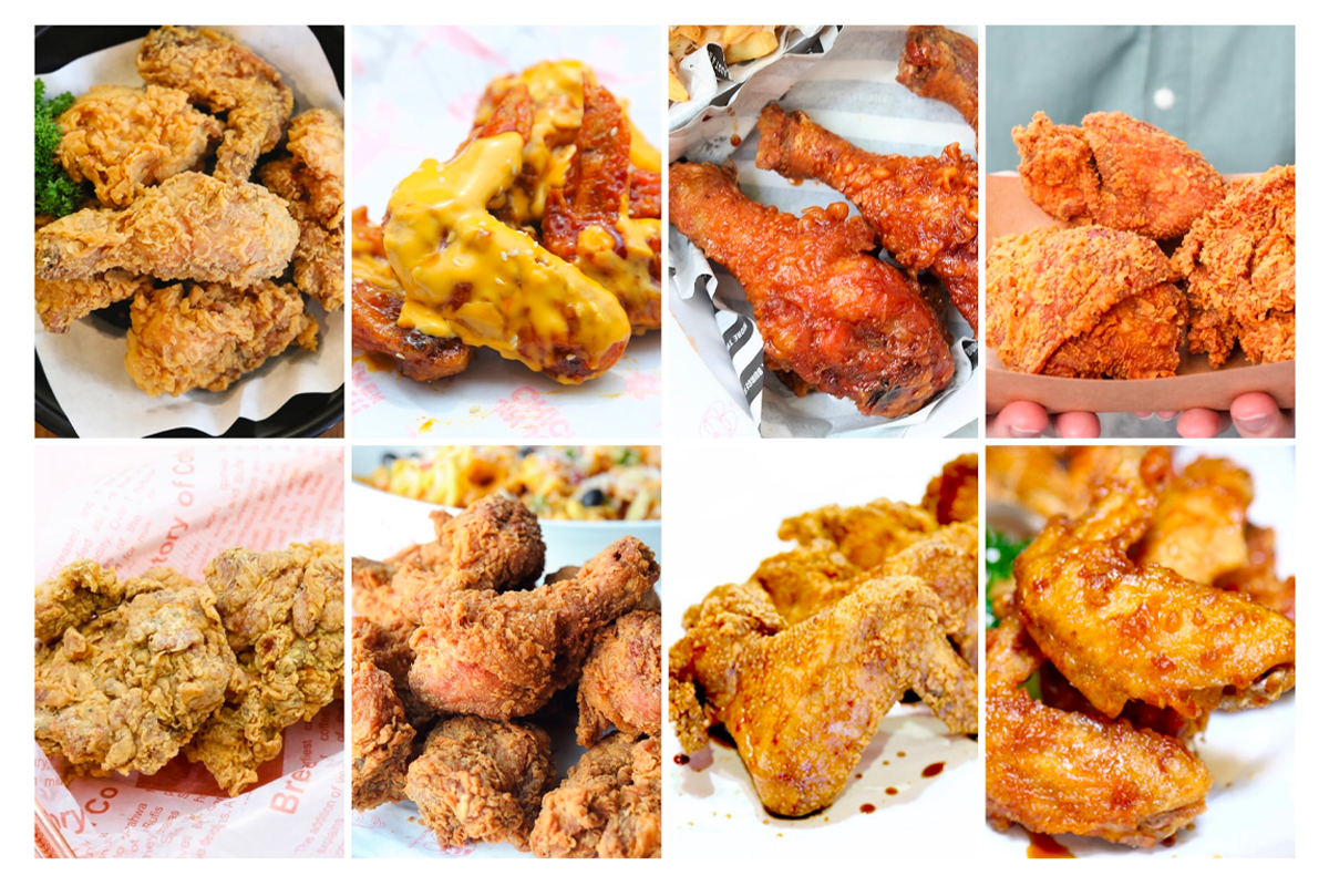 各式韓國風味炸雞的拼盤展示，包括經典原味、香辣及芝士炸雞等多種口味。