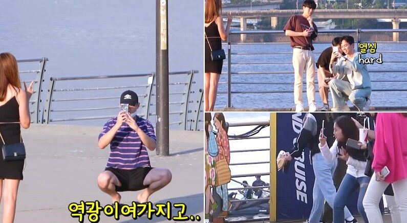 韩国街头人们拍照，体现韩国人对摄影的热情与技巧。