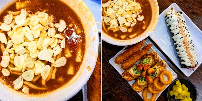 韩国料理配上大量生蒜，展示韩国人爱吃大蒜的饮食文化。