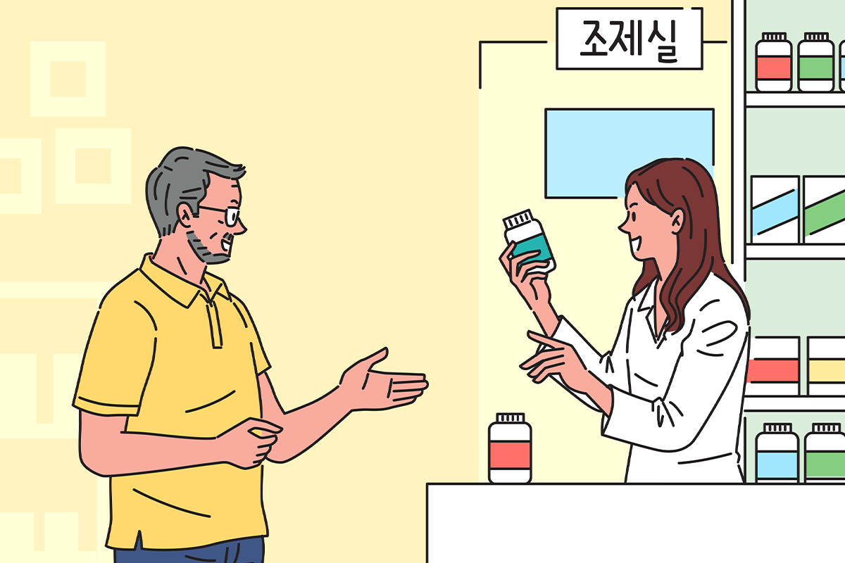 韓國藥房的插圖，描繪顧客向藥劑師詢問醫藥資訊的場景。