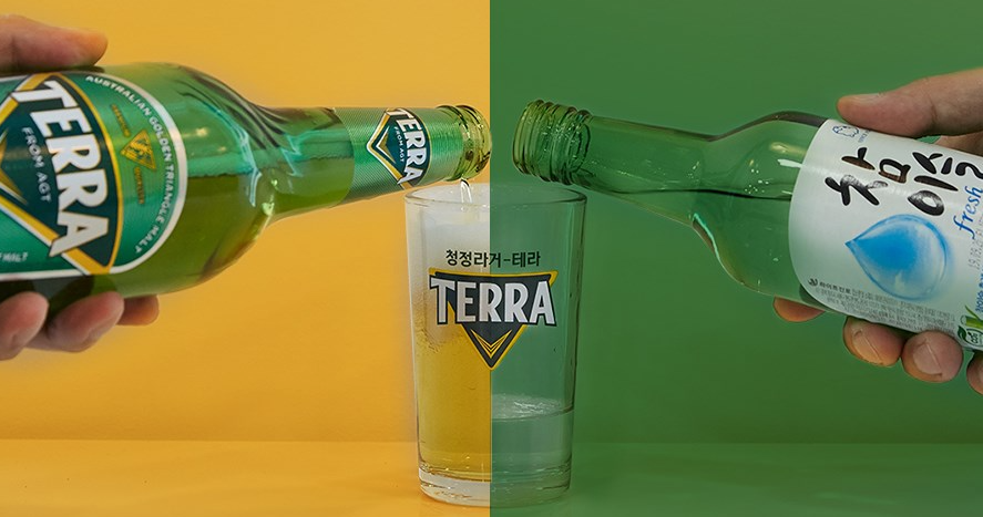 テラビールとチャミスル焼酎を混ぜて作るソメッ飲料、デザインが背景に黄色と緑のバランスで強調されています。