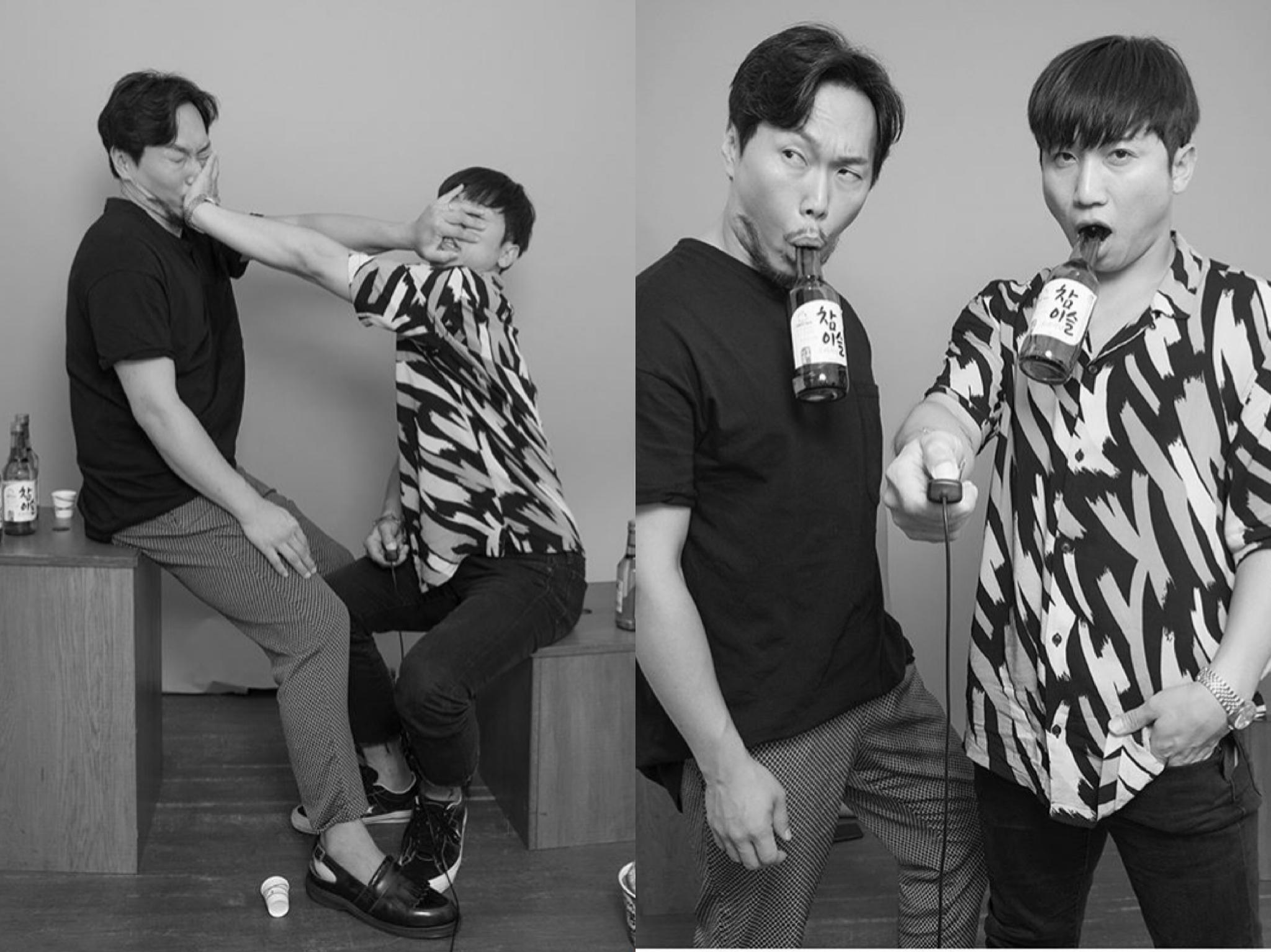 几位朋友在韩国首尔黑白自助照相馆拍摄搞怪创意合照，捕捉珍贵瞬间。