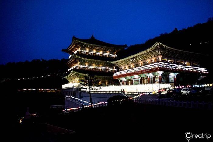 A view from the temple steps revealing the enchanting display of lanterns and the serene ambiance.