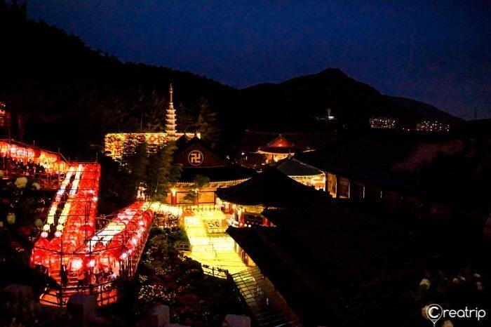 Beautifully arranged lanterns at Samgwangsa Temple's Lantern Festival, showcasing vibrant colors.