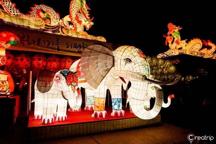 Bright elephant lanterns on display, showcasing intricate designs at the Samgwangsa Temple Lantern Festival.