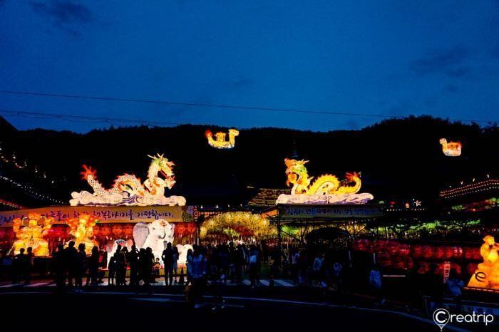 The vivid glow of dragon-shaped lanterns illuminating the entrance of Samgwangsa Temple during the Busan Lantern Festival.