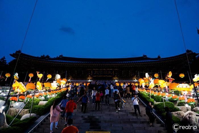 A stunning view of the lantern-filled walkway leading up to the main hall of Samgwangsa Temple at dusk.