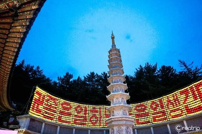 The elaborate 53 Buddha statues and an octagonal pagoda illuminated during the Samgwangsa Temple Lantern Festival.