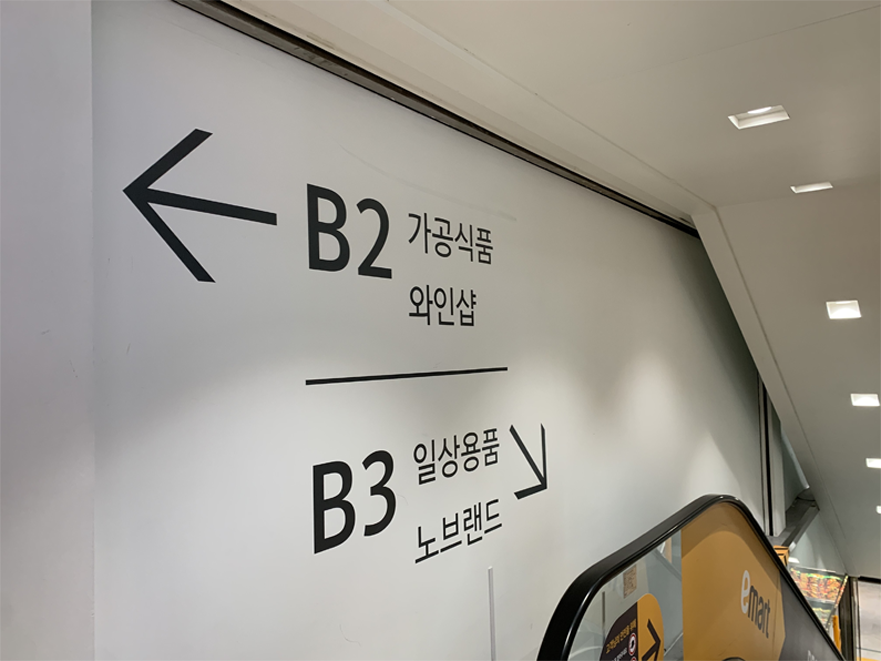 在 emart 新村店內，用於指示地下一樓和地上三樓商品區的標示，提供給顧客指引。