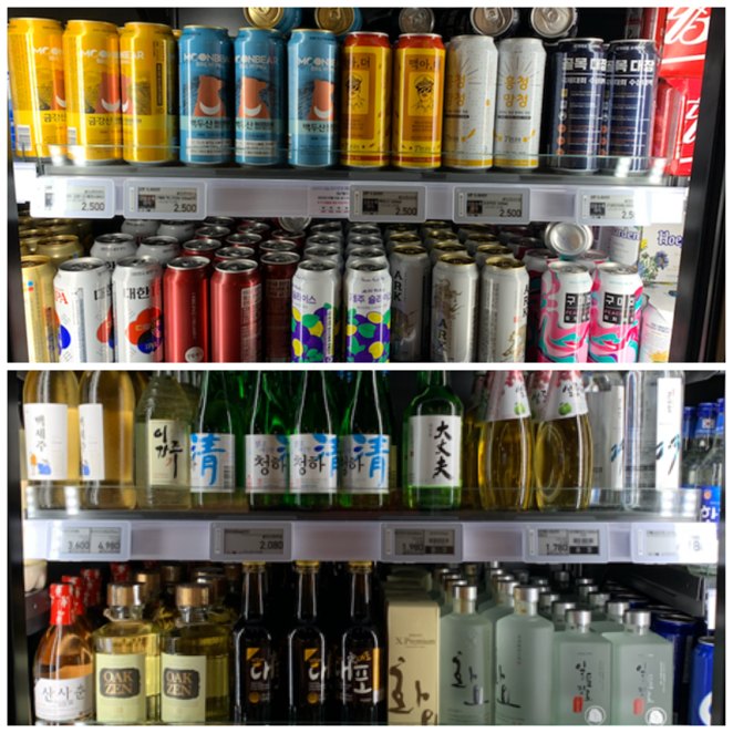 emart 新村店內展示了各種韓國啤酒和傳統酒類，適合各種口味的顧客品嚐。