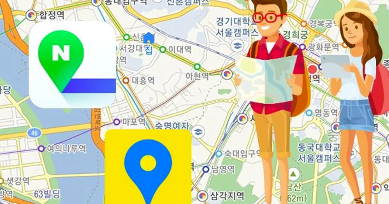 顯示 NAVER Map 和 Kakao Map 圖標的地圖背景，有助於韓國觀光者找到熱門地點。