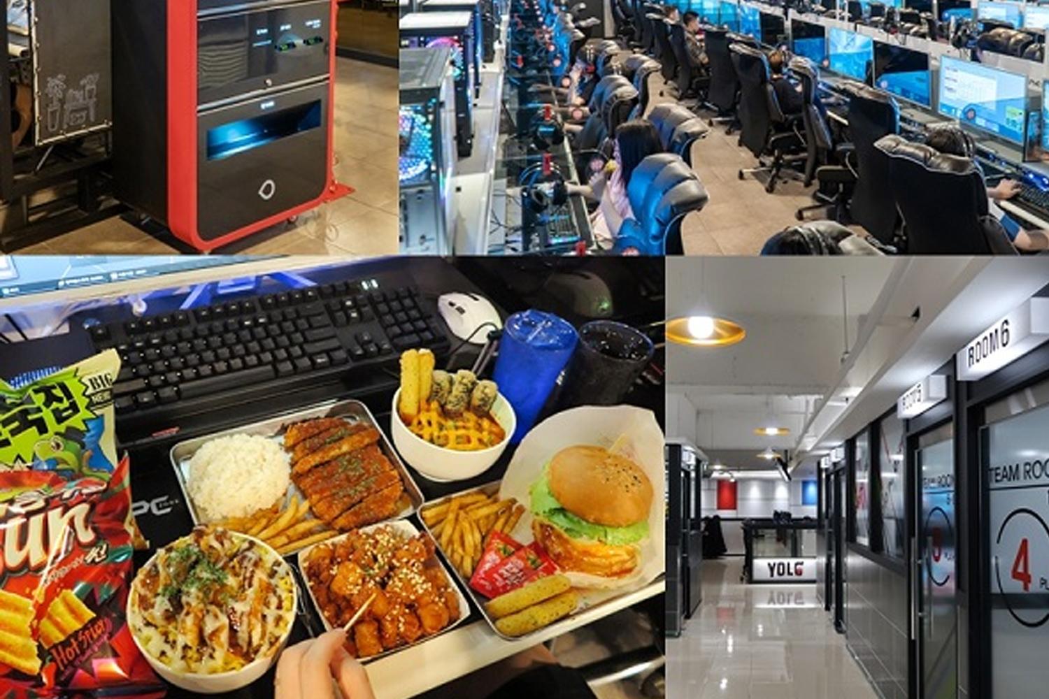 韓國網吧內部設計，顯示多個遊戲電腦和椅子，提供舒適環境給玩家。