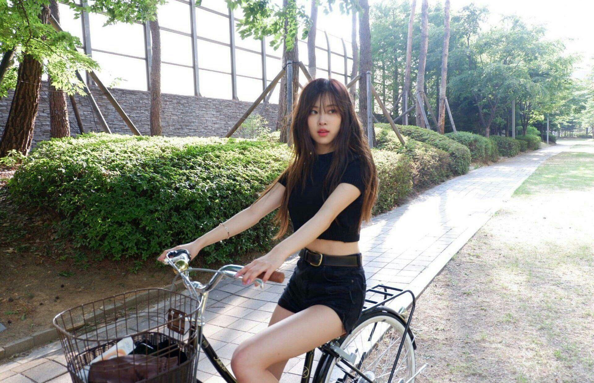 韓國公園小徑上一個人騎著租賃單車，享受户外活動。