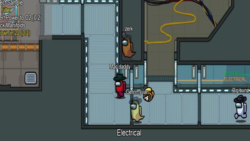 《Among Us》遊戲畫面，幾名玩家在飛船電力室中穿梭