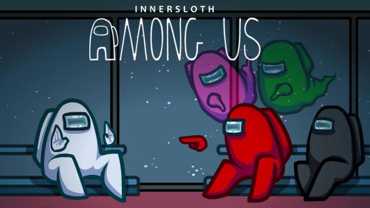 《Among Us》遊戲登錄畫面，紅色角色指着白色角色，背景顯示窗外的太空