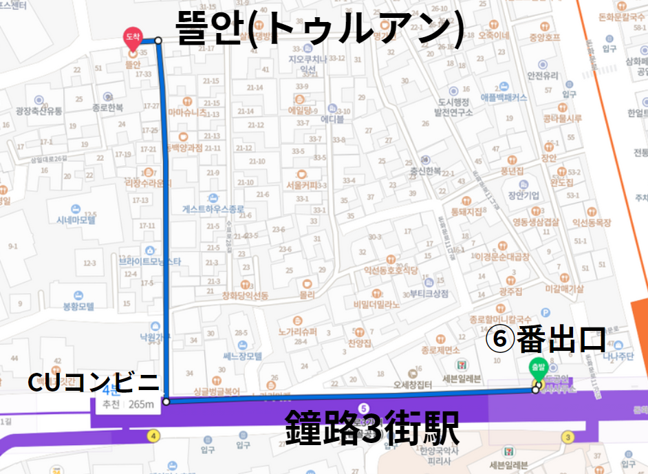 韓国カフェ「뜰안(トゥルアン)」の地図表示。鐘路3街駅から徒歩でアクセス可能な道順が示されています。