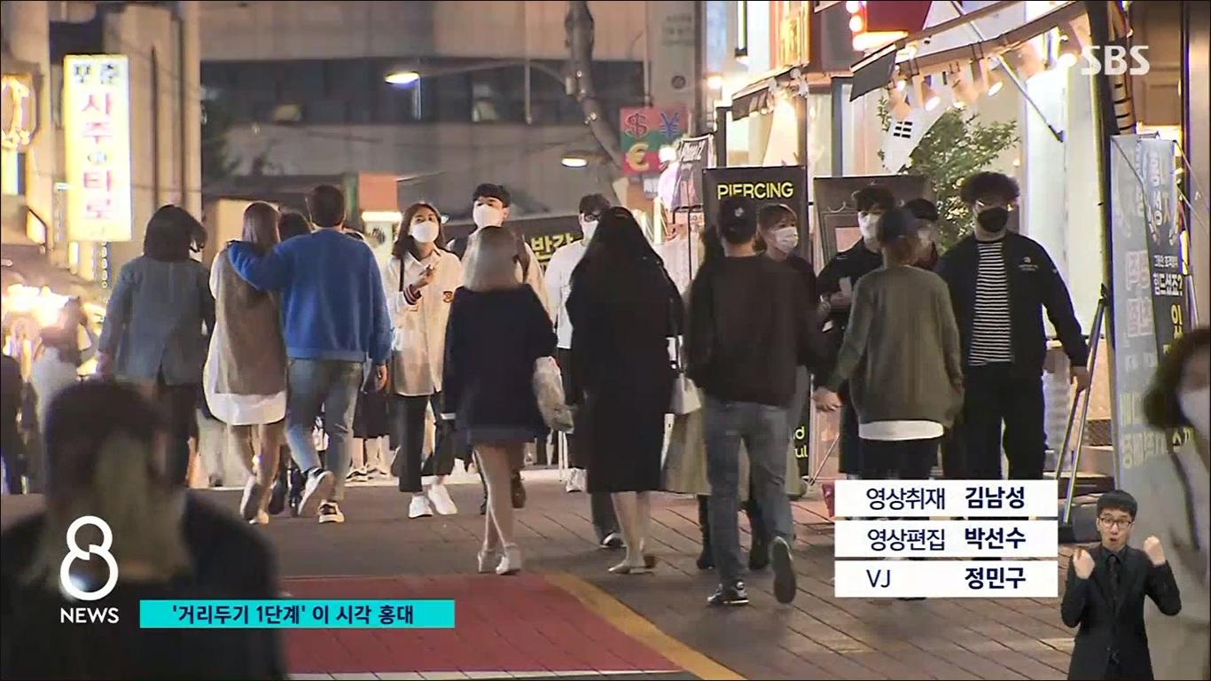 ผู้คนเดินไปมาบนถนนที่มีแสงไฟในฮงแด ซึ่งเป็นวันแรกที่เริ่มการลดระยะห่างทางสังคมในฮงแด