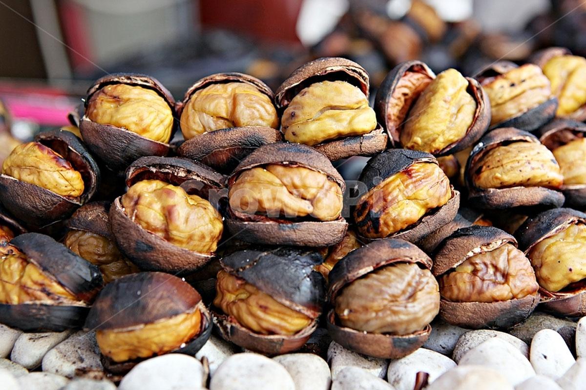 군밤 이미지는 한국 겨울철 길거리에서 흔히 볼 수 있는 구운 밤으로, 노릇노릇하게 구워진 껍질 안에 달콤하고 고소한 밤이 가득 들어있습니다.
