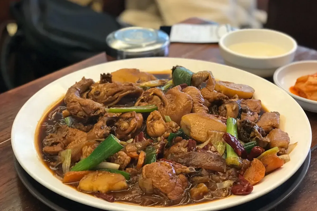 盘中满满的安东炖鸡,展示其丰富的韩国炖煮风味。